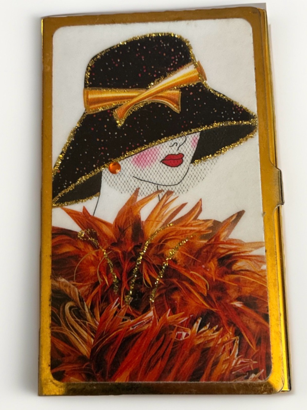 Vintage Art Deco Style Gold-Tone Business Card Holder & Compact Case Flapper EUC